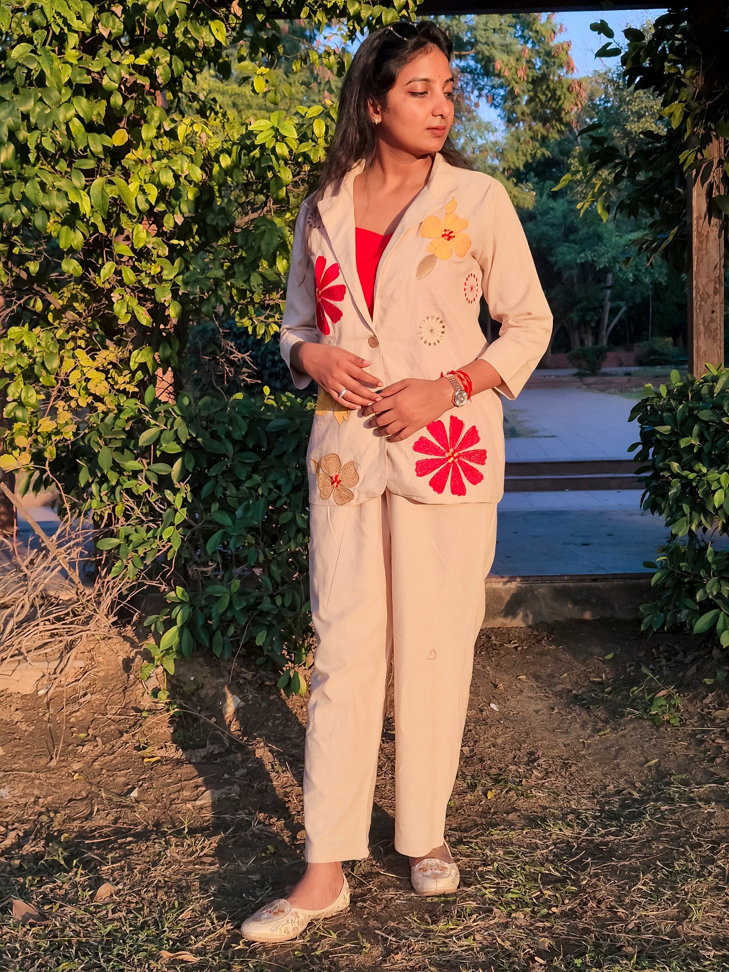 Handcrafted Floral Embroidered Beige Co-ord Set