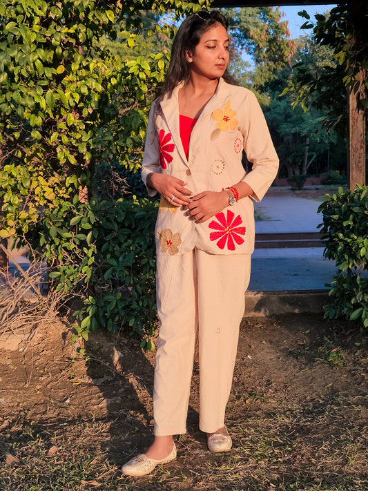 Handcrafted Floral Embroidered Beige Co-ord Set