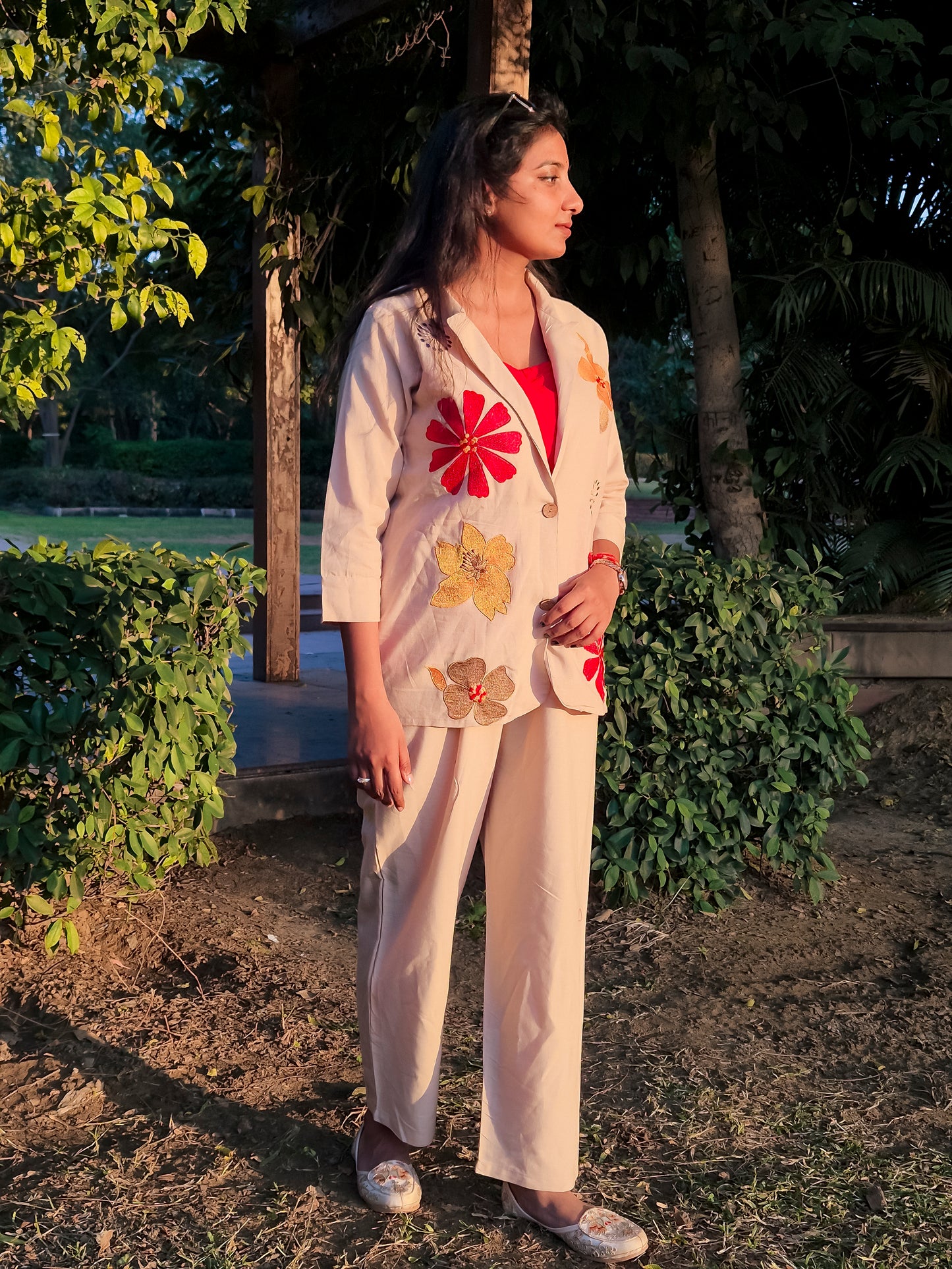 Handcrafted Floral Embroidered Beige Co-ord Set