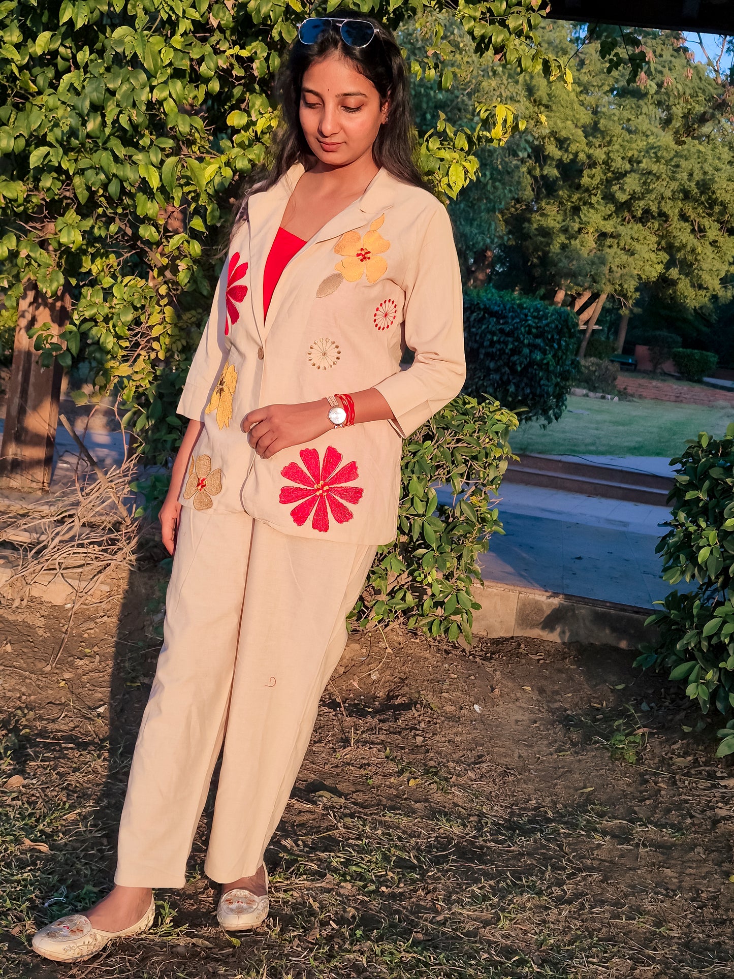 Handcrafted Floral Embroidered Beige Co-ord Set