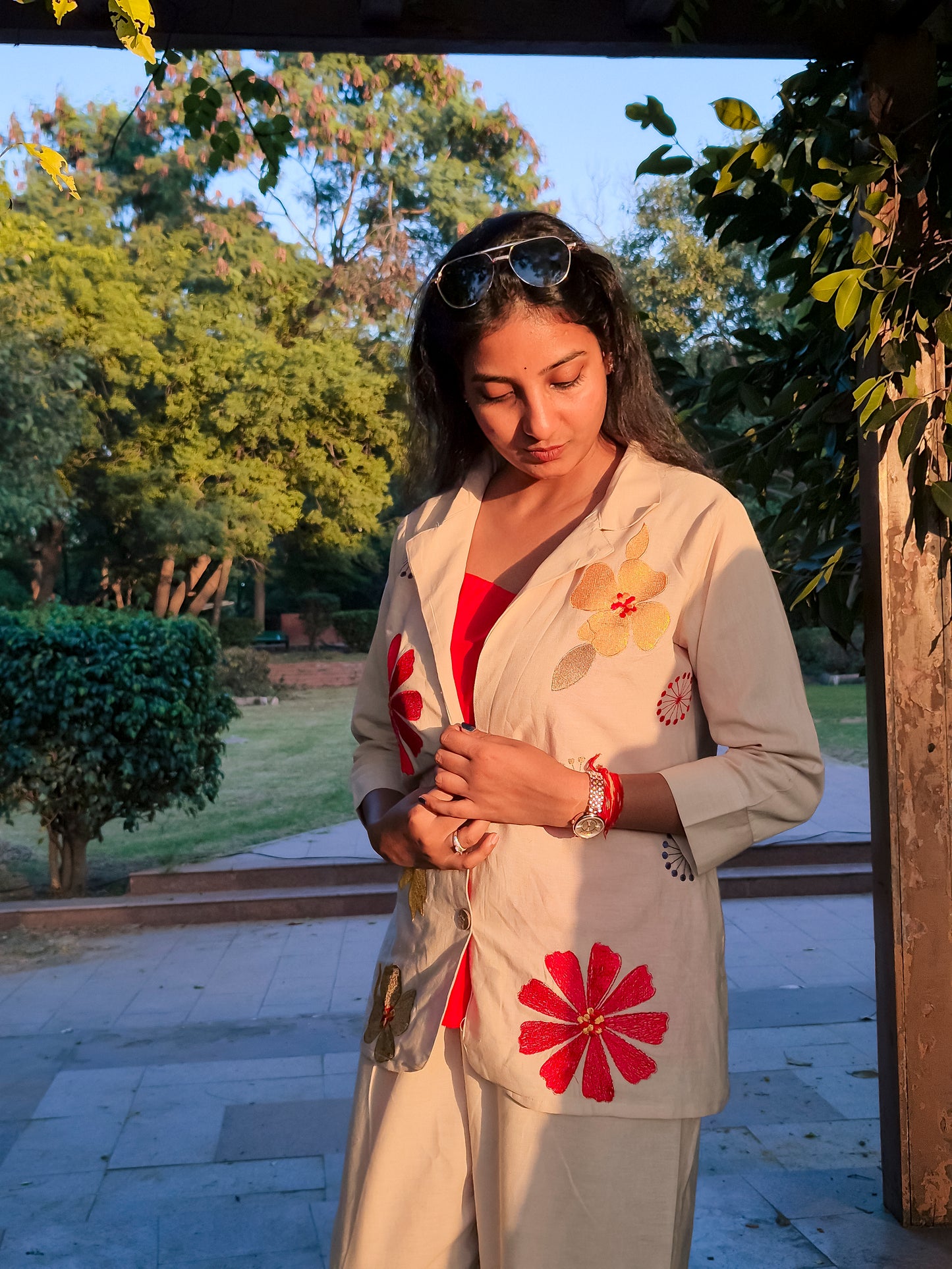 Handcrafted Floral Embroidered Beige Co-ord Set