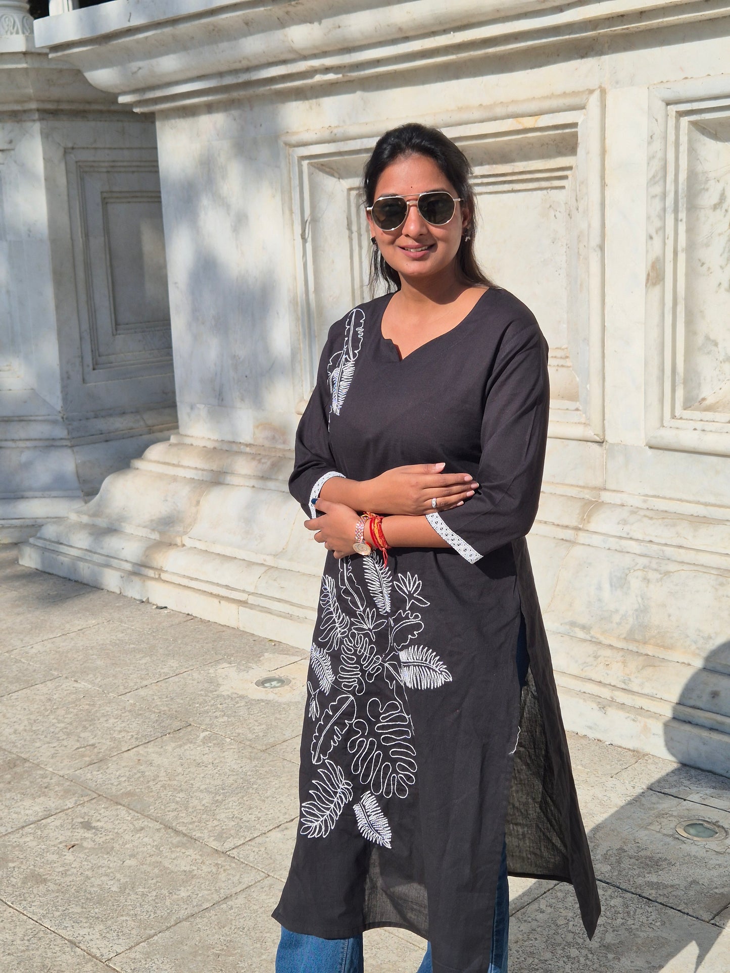 Midnight Leaf Embroidered Cotton Kurta