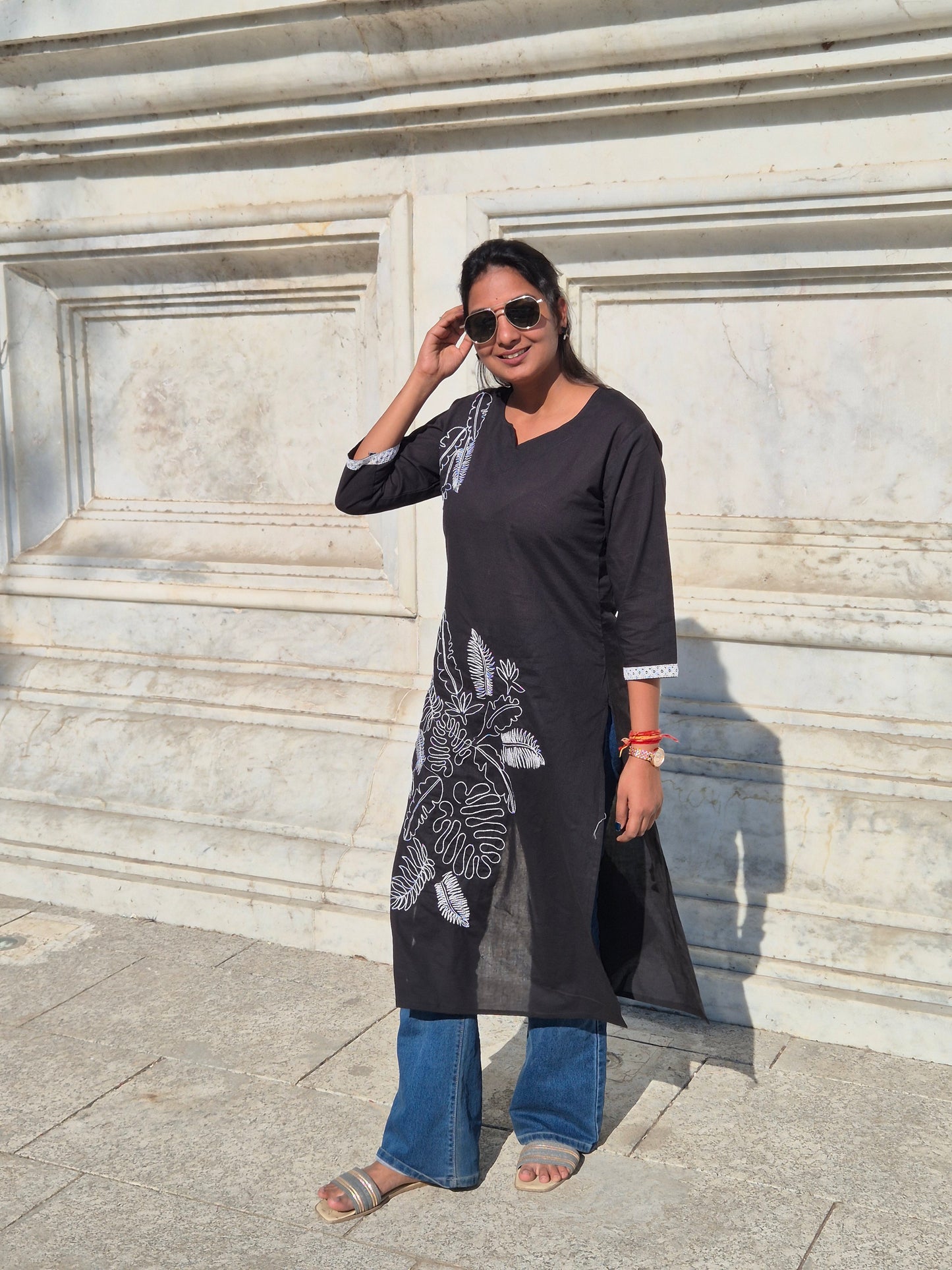 Midnight Leaf Embroidered Cotton Kurta