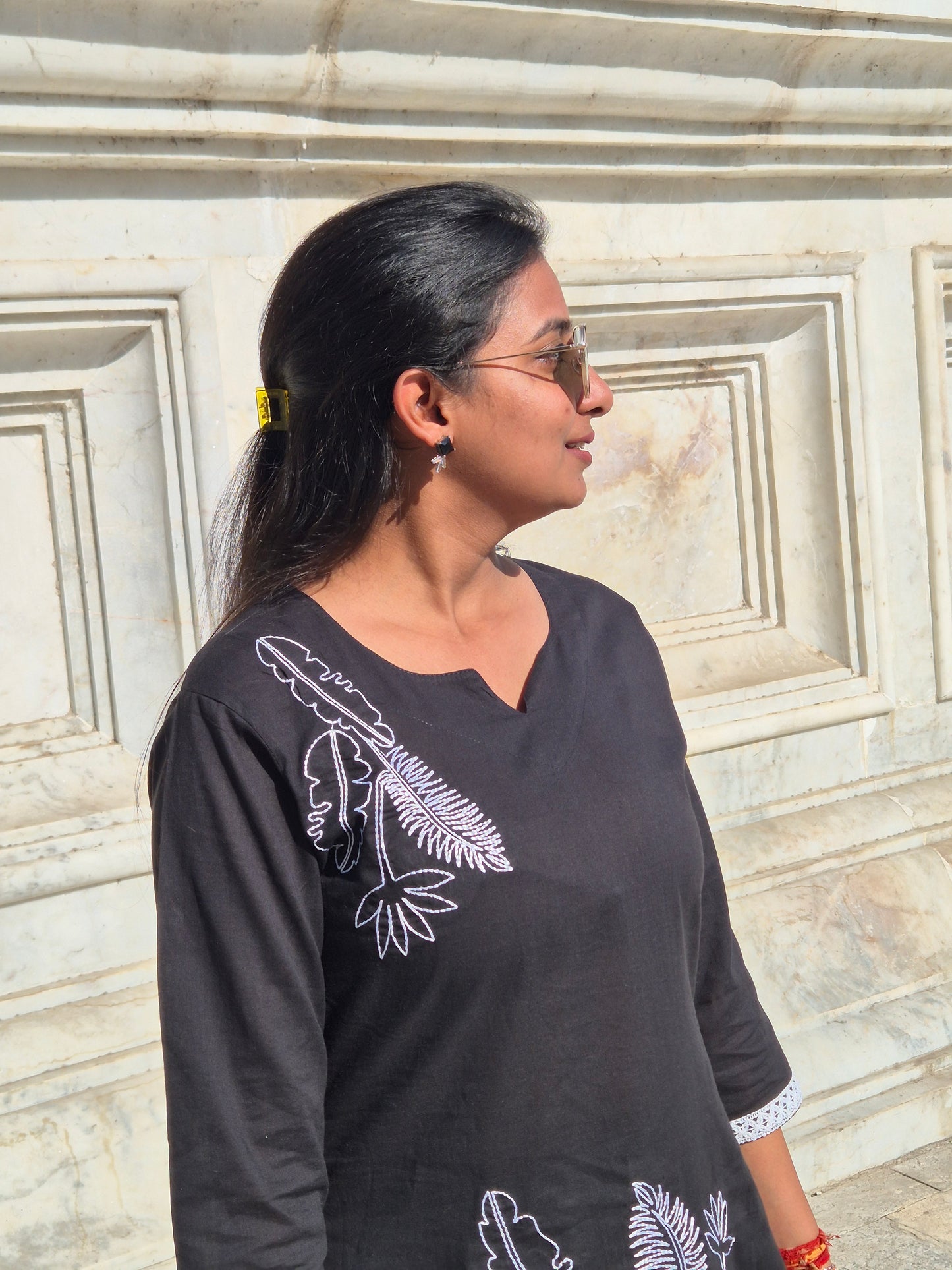 Midnight Leaf Embroidered Cotton Kurta